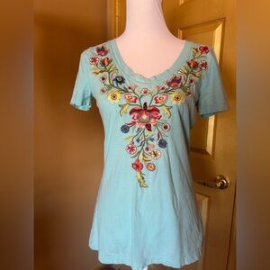 Johnny Was Embroidered Scoop Neck Short Sleeve Top - Aqua